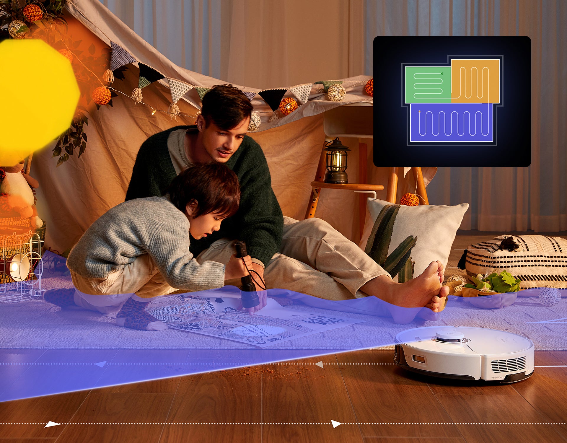 Père et fils jouent sur le parquet, tandis que l'aspirateur robot Roborock nettoie sans les déranger Père et fils jouent sur le parquet, tandis que l'aspirateur robot Roborock nettoie sans les déranger